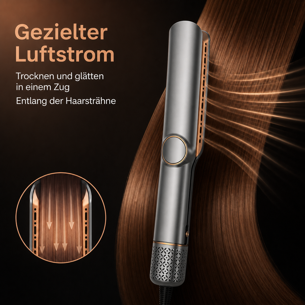 Grauer Haarglätter mit integriertem Luftstrom neben glattem braunem Haar und Text auf schwarzem Hintergrund.