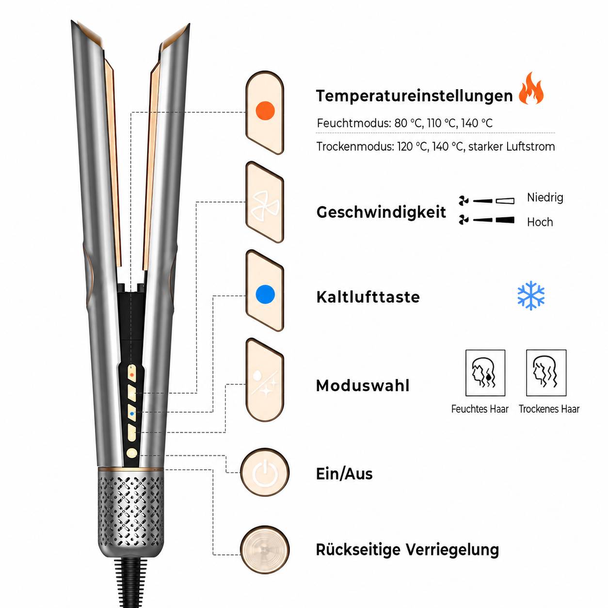 Diagramm eines silber-goldenen Haarglätters mit Bedienelementen und deutscher Beschriftung.