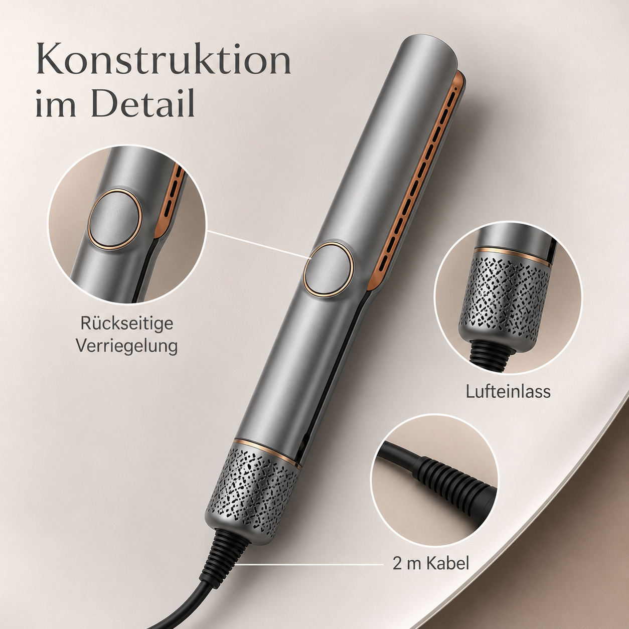 Grauer Haarglätter mit Detailansichten von Verriegelung, Lufteinlass und Kabel.