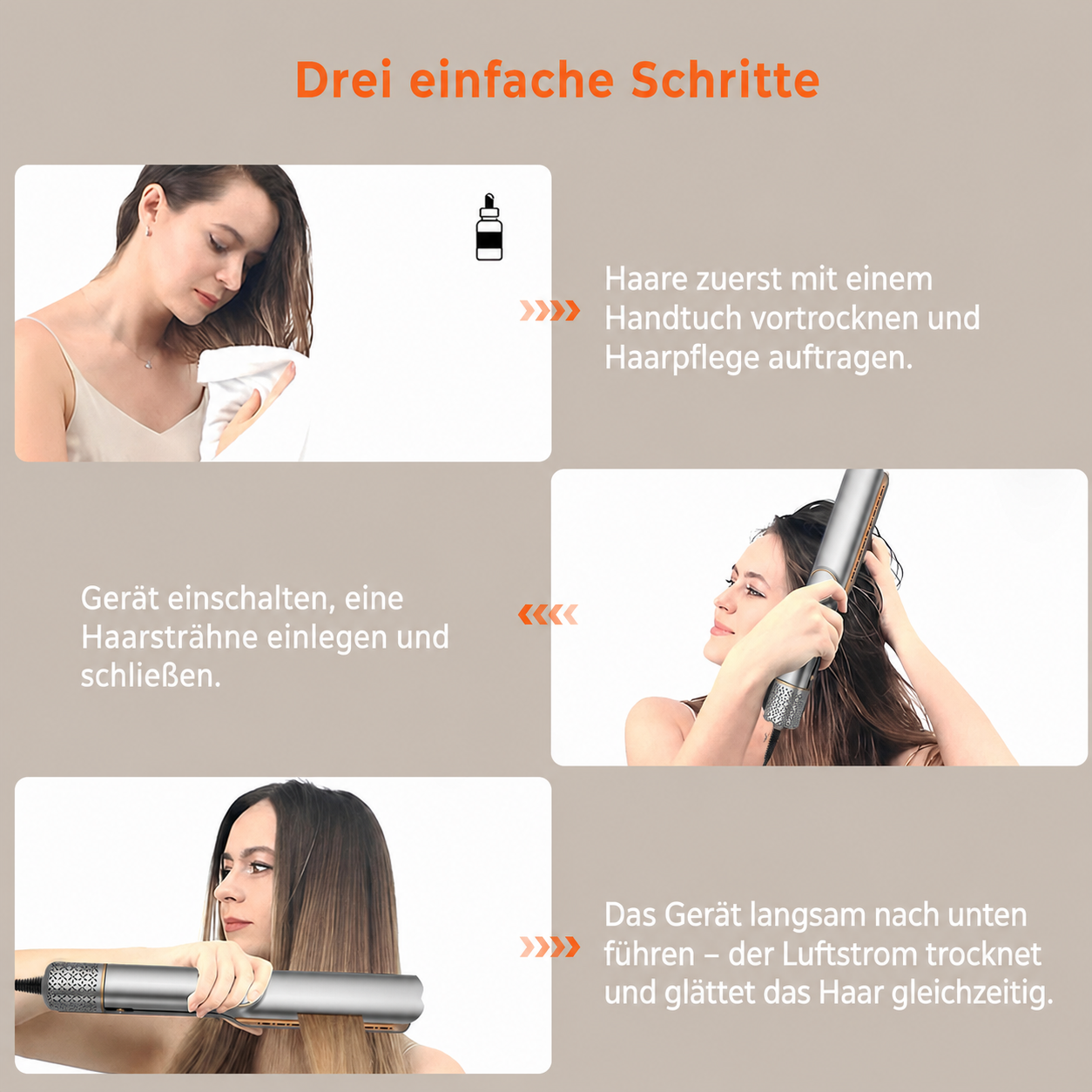 Anleitung in drei Schritten zur Haarpflege und zum Glätten mit einem elektronischen Haarglätter.