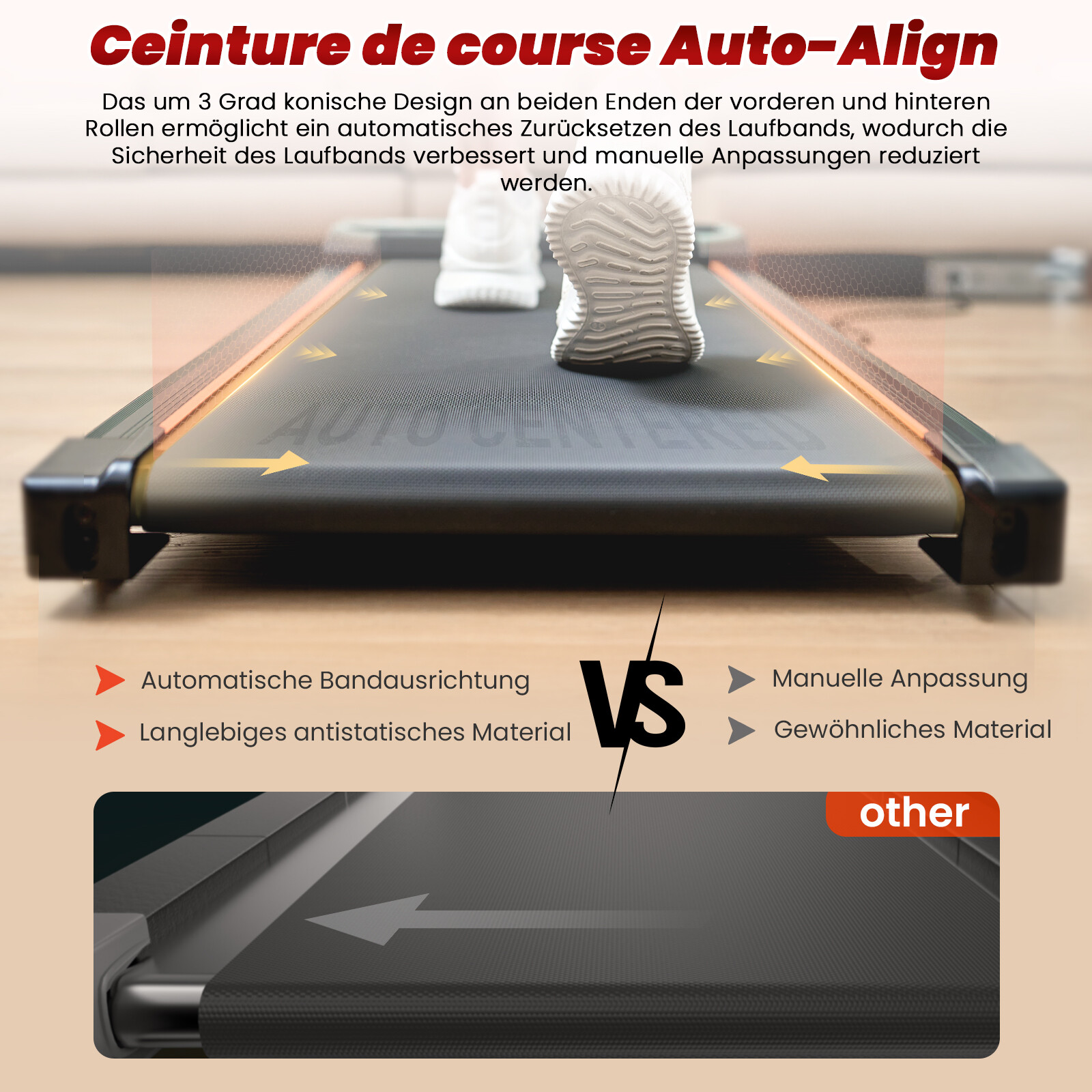 Cinta de correr con alineación automática de banda comparada con ajuste manual.