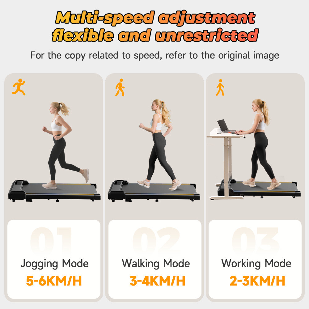 Infografía que muestra tres modos para una caminadora: trotar, caminar y trabajar con velocidades de 2 a 6 km/h.