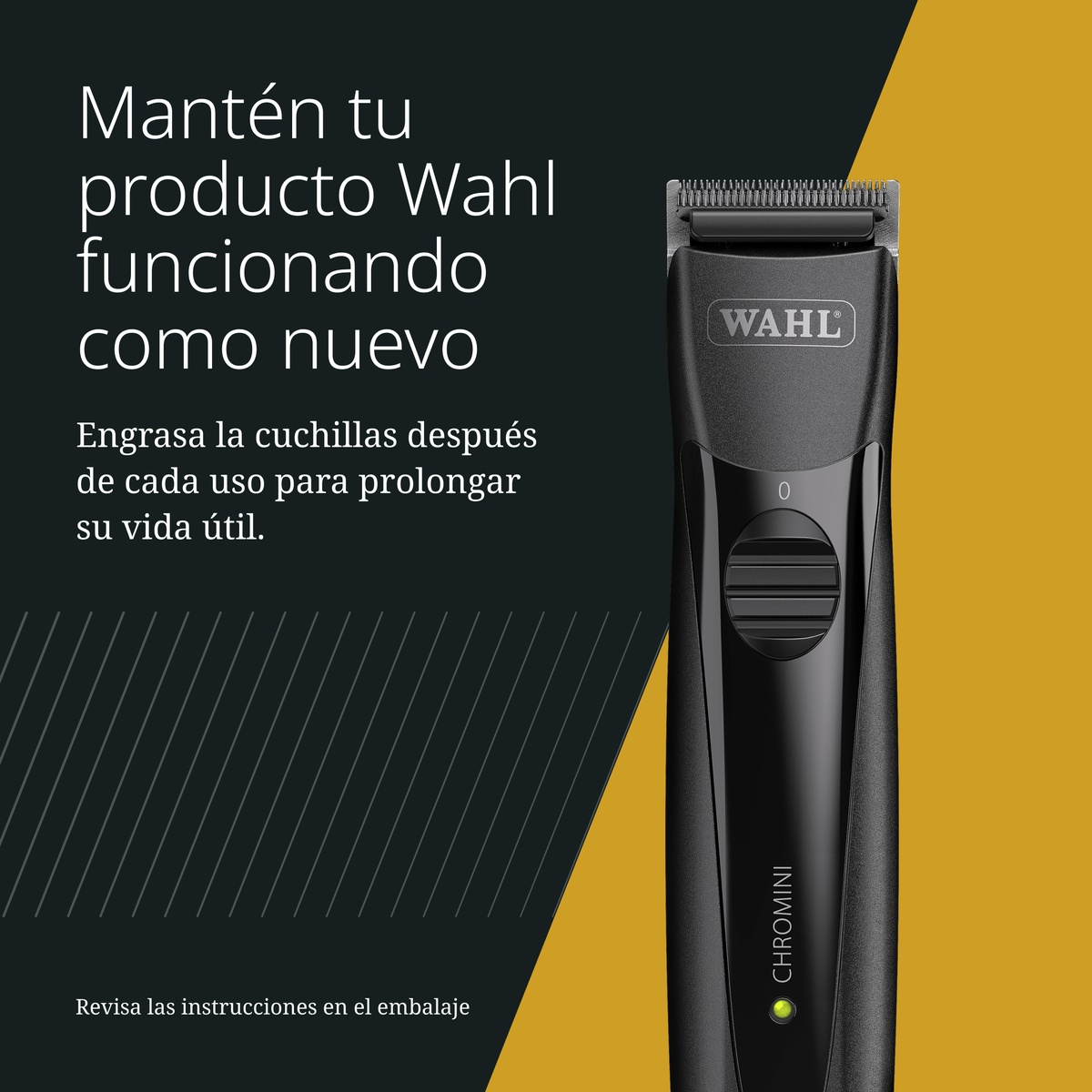 Ein schwarzer Wahl Haarschneider mit silbernen Klingen vor dunklem und gelbem Hintergrund mit spanischem Text.