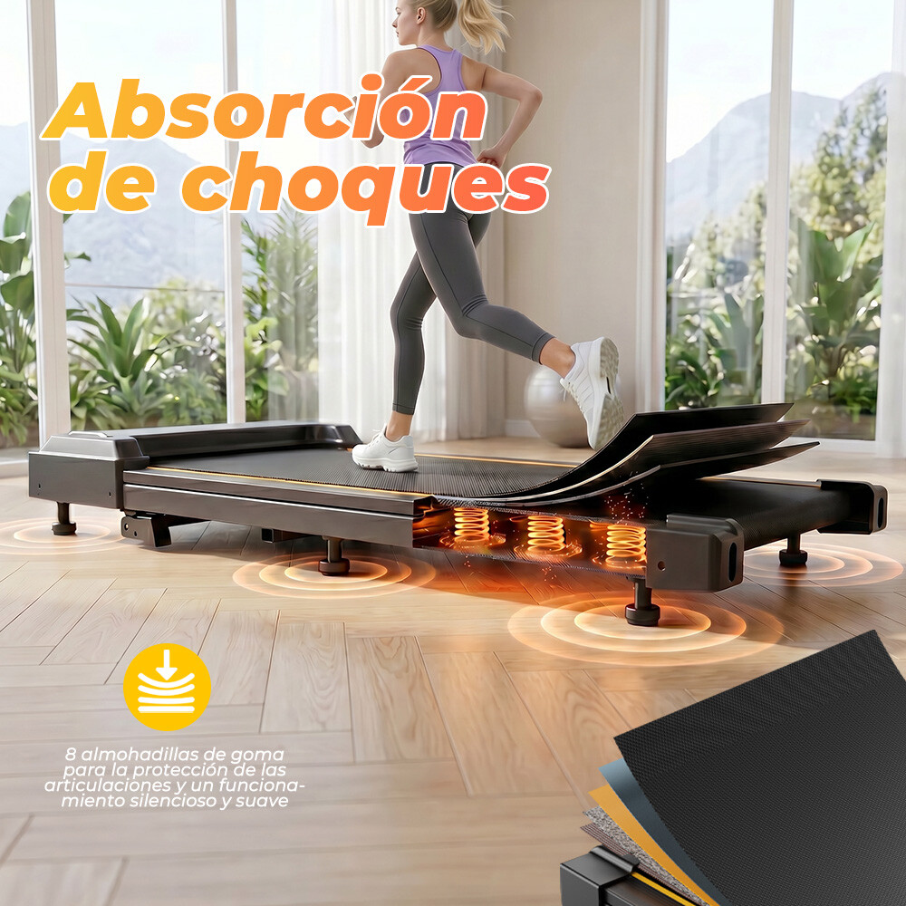 Una mujer corre en una cinta con resortes de absorción de impactos y capas.
