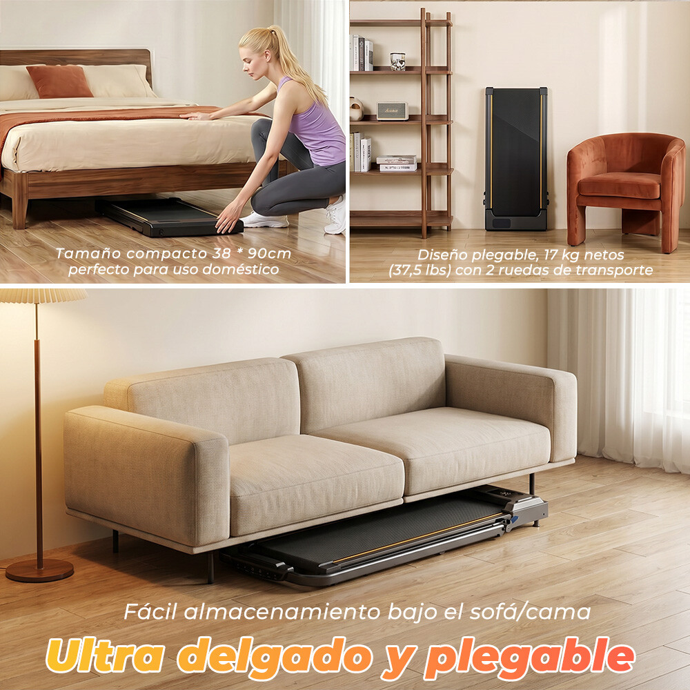 Caminadora compacta y plegable guardada bajo sofá y cama, mostrando su diseño ahorrador.