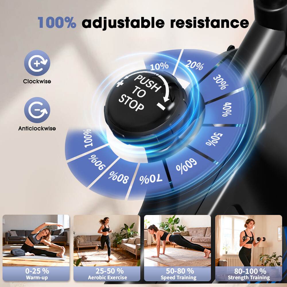 Perilla de resistencia ajustable con función push-to-stop y guías de intensidad de entrenamiento desde calentamiento.