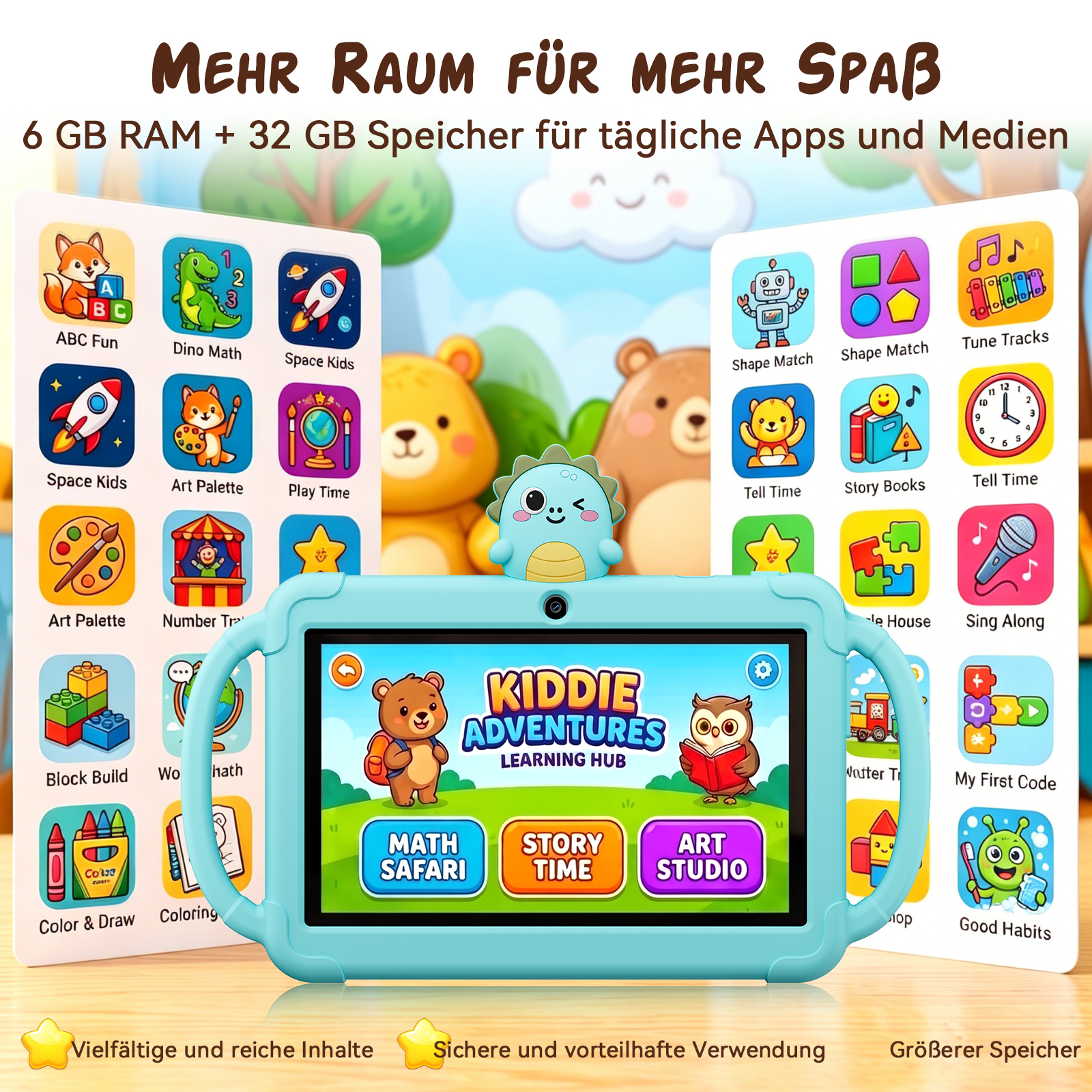 Kinder-Tablet in Hellblau mit Dinosaurier-Halterung und bunten Lernkarten im Hintergrund.