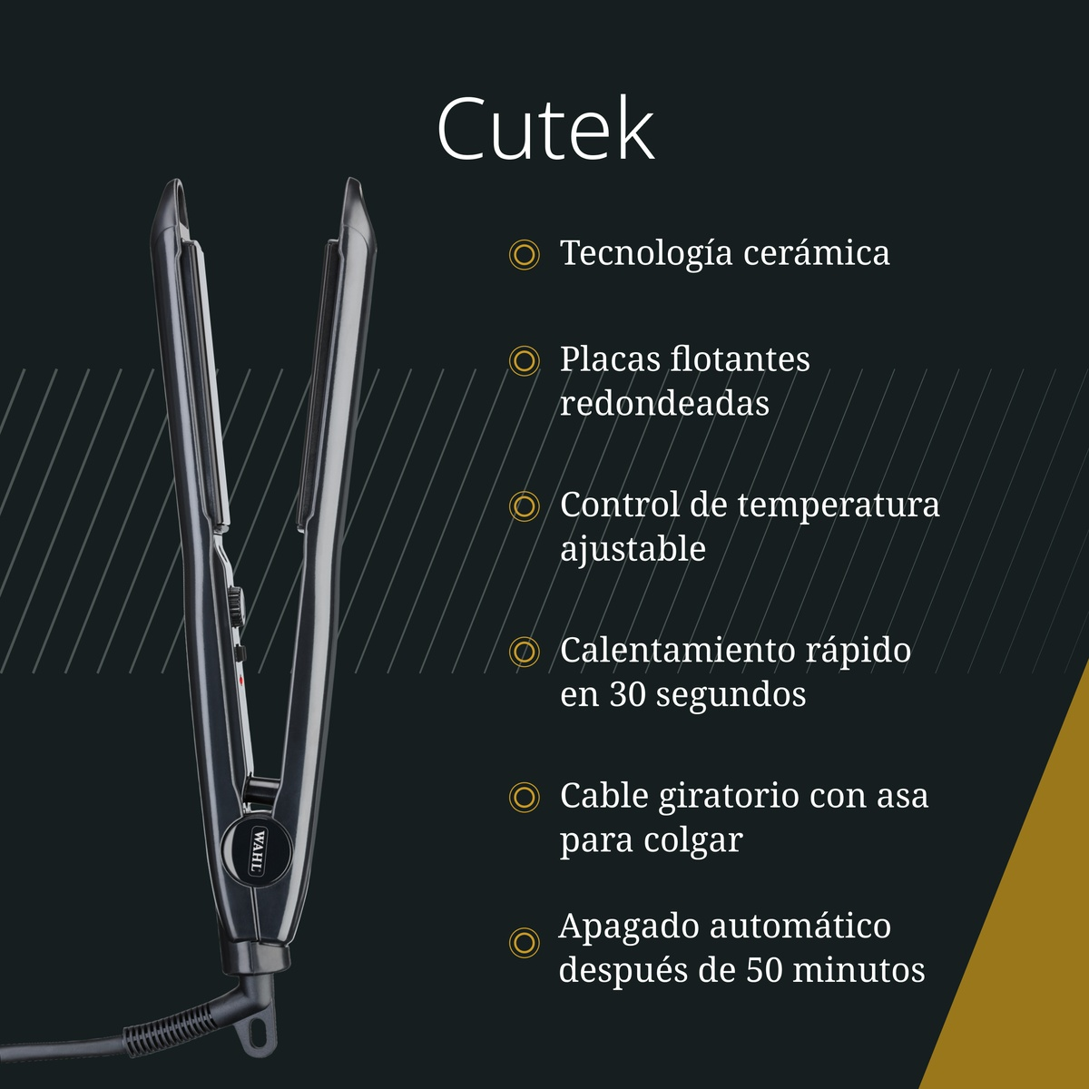 Piastra per capelli Wahl Cutek su sfondo nero con caratteristiche in spagnolo.