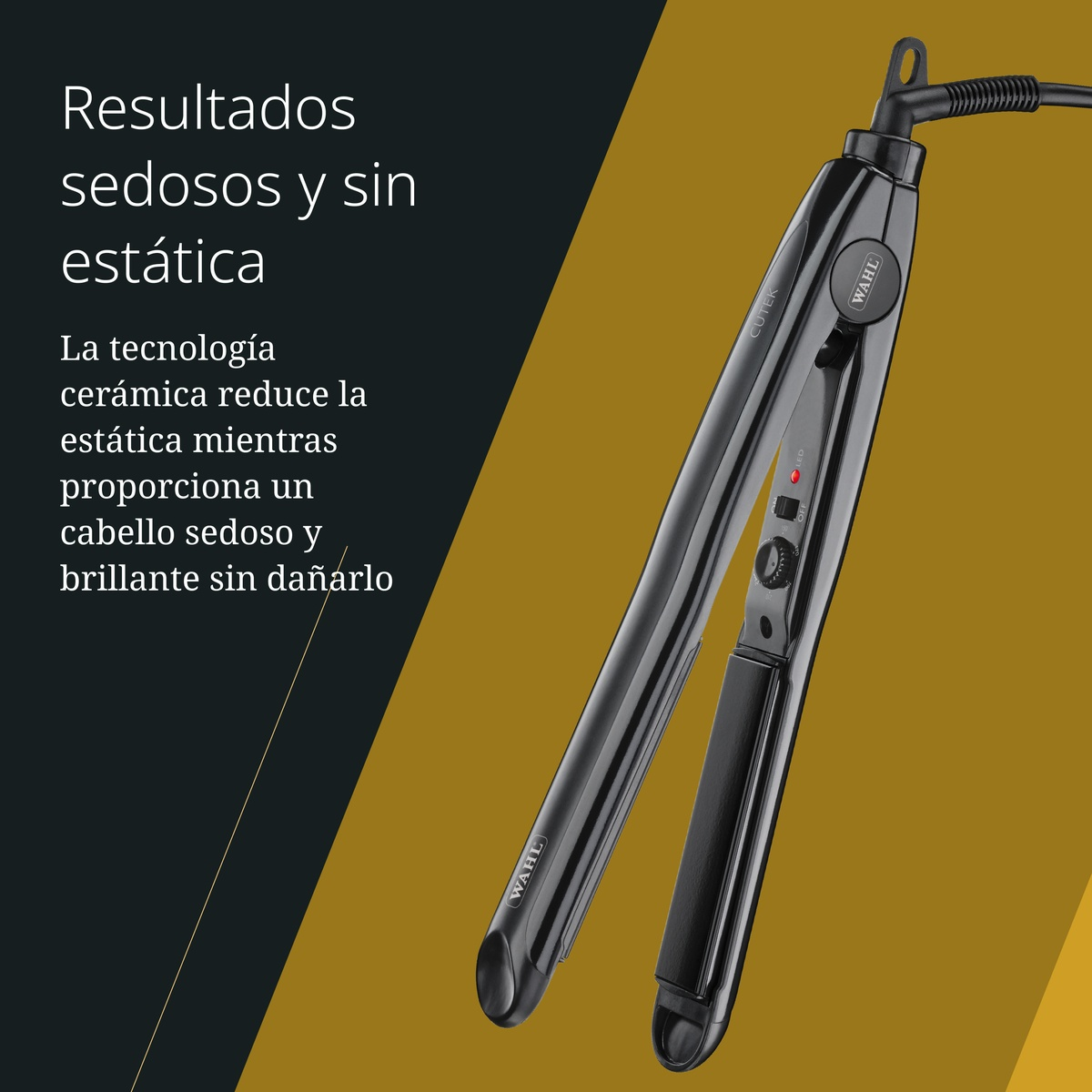 Piastra per capelli nera su sfondo oro e nero con testo promozionale in spagnolo.