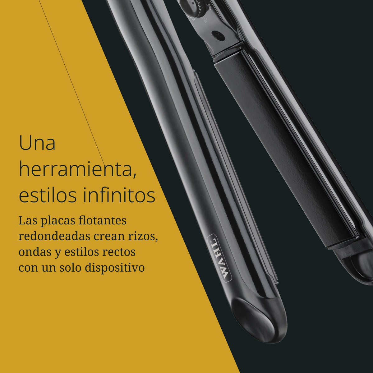 Piastra per capelli Wahl nera su sfondo grigio scuro con testo pubblicitario giallo a sinistra.