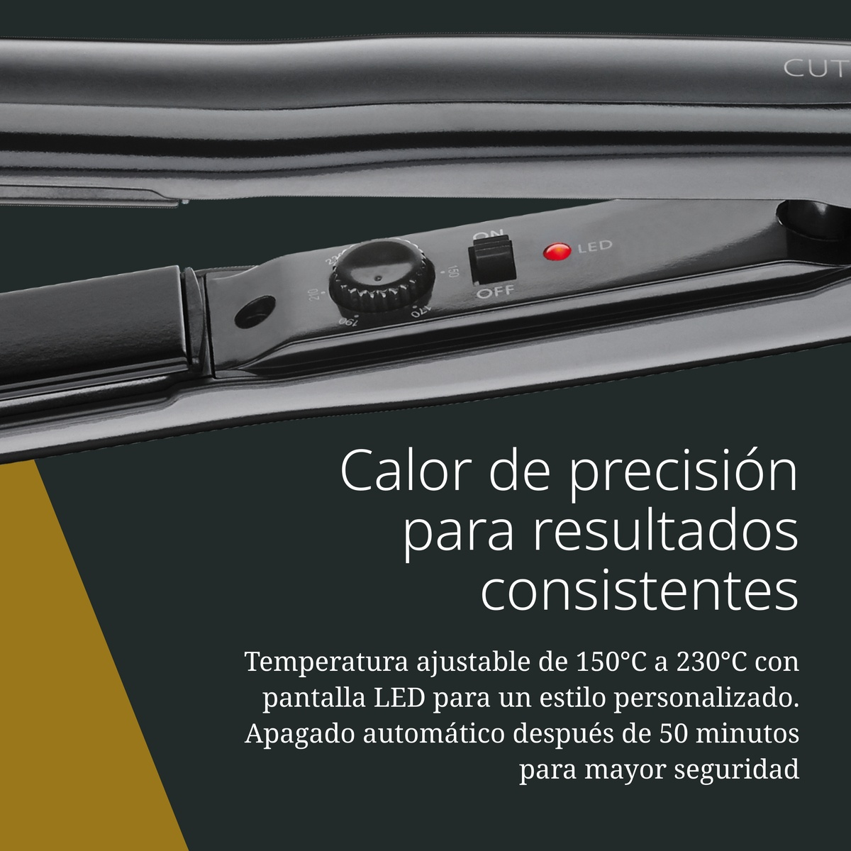 Piastra per capelli nera con manopola della temperatura, interruttore e luce LED su sfondo scuro.