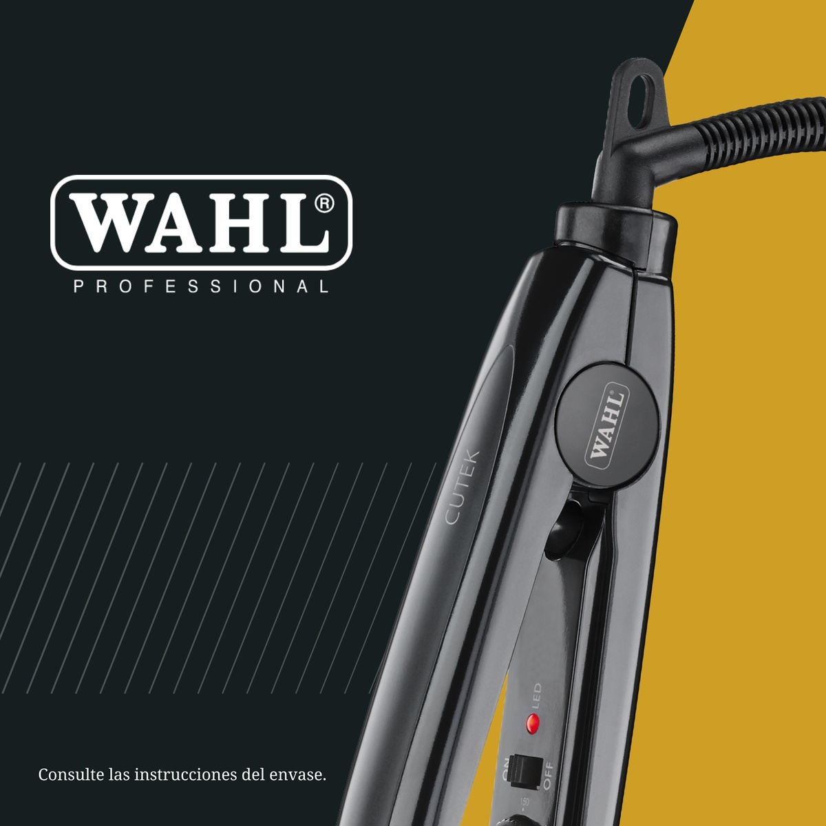 Piastra per capelli nera Wahl Professional CUTEK su sfondo nero e giallo con logo e testo bianchi.