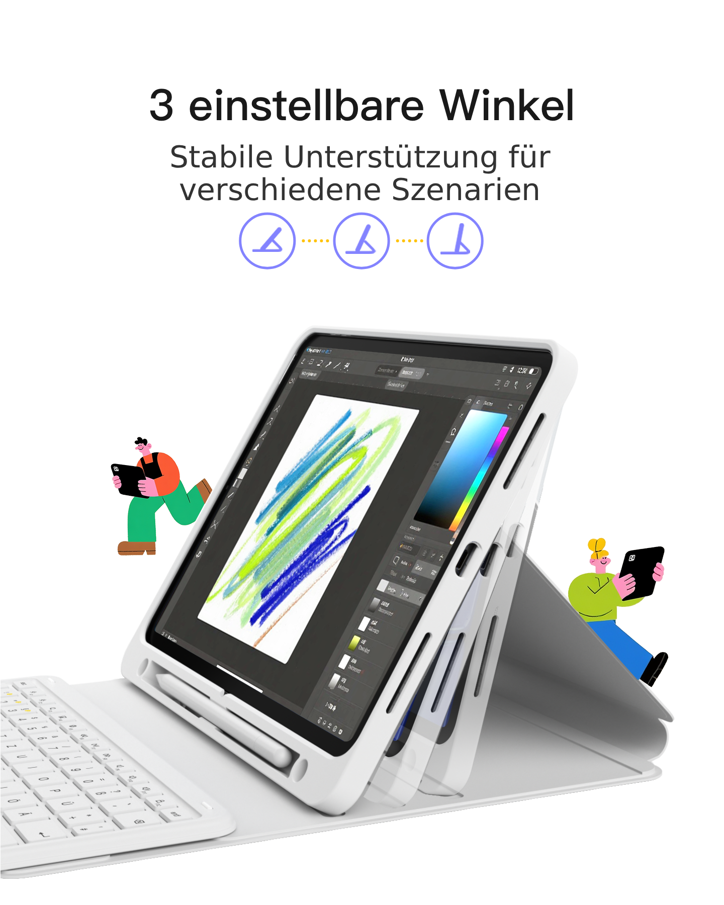 Weiße Tablet-Hülle mit Tastatur zeigt drei verstellbare Winkel und Cartoon-Illustrationen.