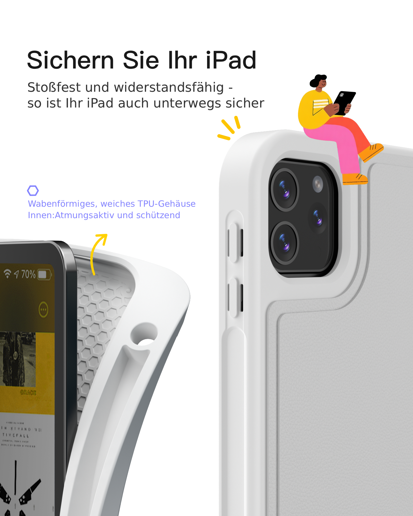 Werbebild für ein weißes iPad-Case mit Schutzfunktion und Wabenstruktur im Inneren, dazu deutscher Text.