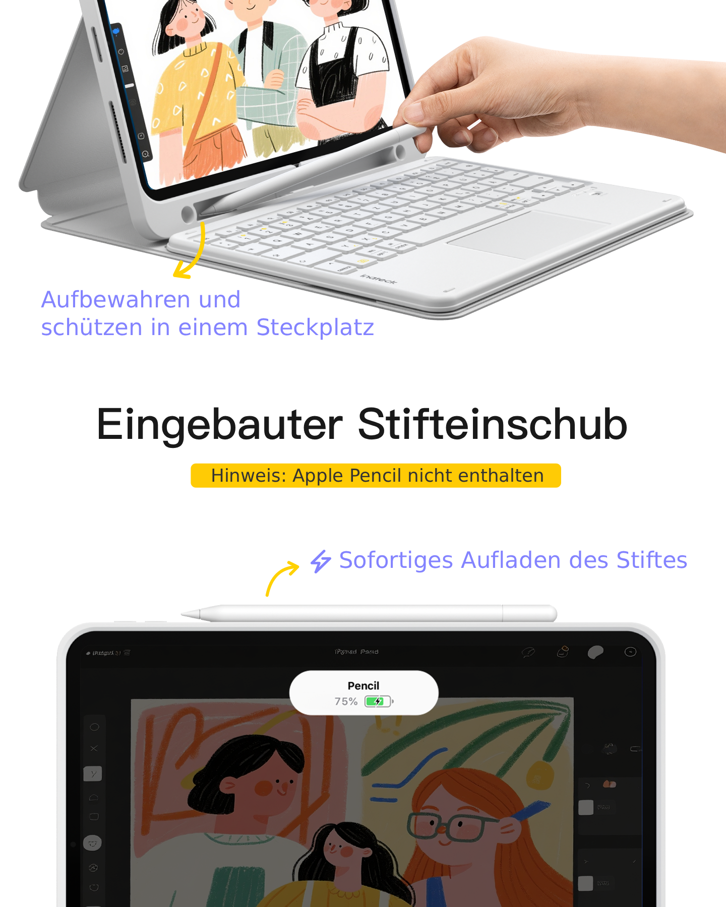 Tablet in Hülle mit integriertem Stifteinschub und Ladefunktion.