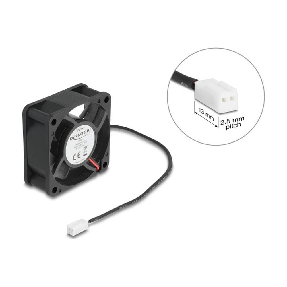 Ein schwarzer Computerlüfter mit Kabel und weißem 2-Pin-Stecker; ein Ausschnitt zeigt die Abmessungen.