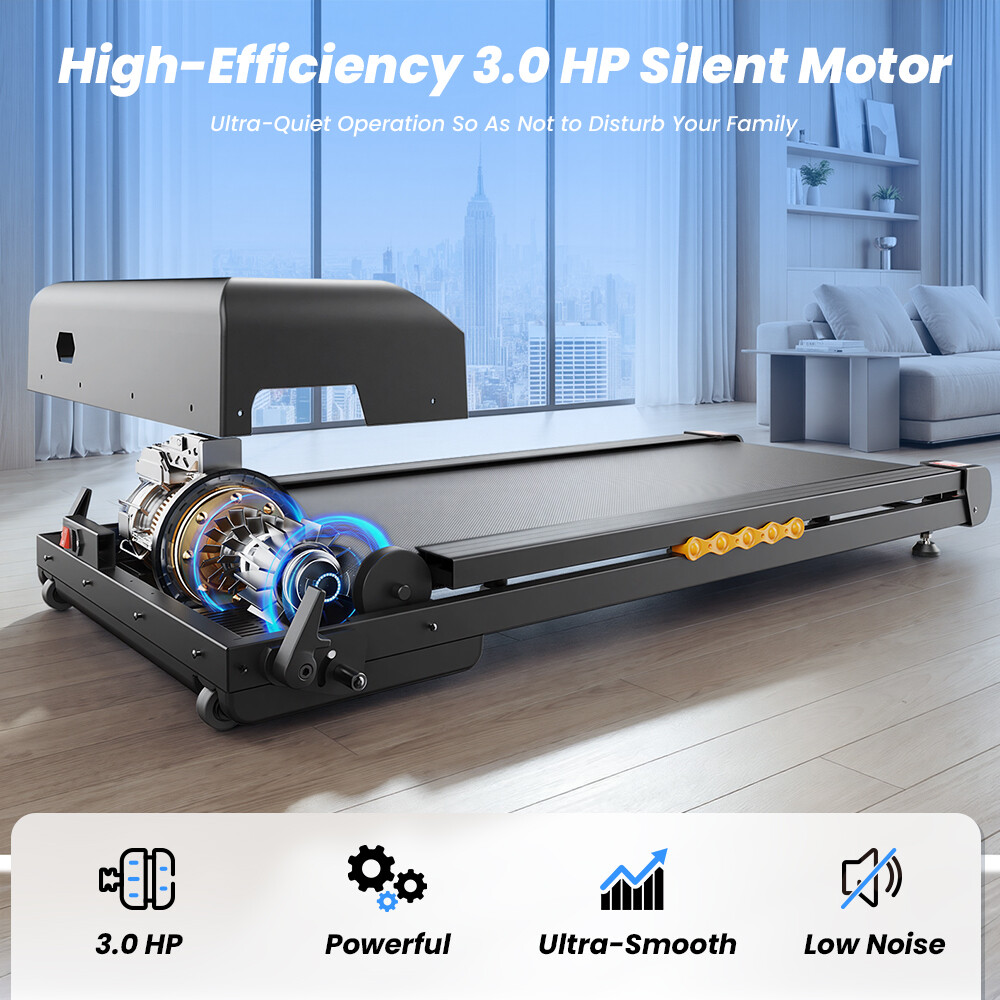 Una caminadora con motor expuesto de 3.0 HP, en una sala moderna con vista a la ciudad.
