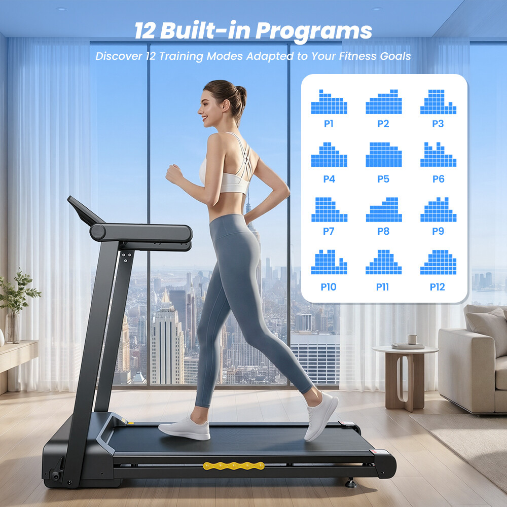 Una mujer corre en una caminadora en una sala moderna con vista a la ciudad, con un gráfico de 12 programas.