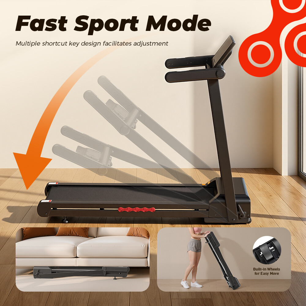 Caminadora plegable negra diseñada para caber bajo sofás, con ruedas de transporte integradas.