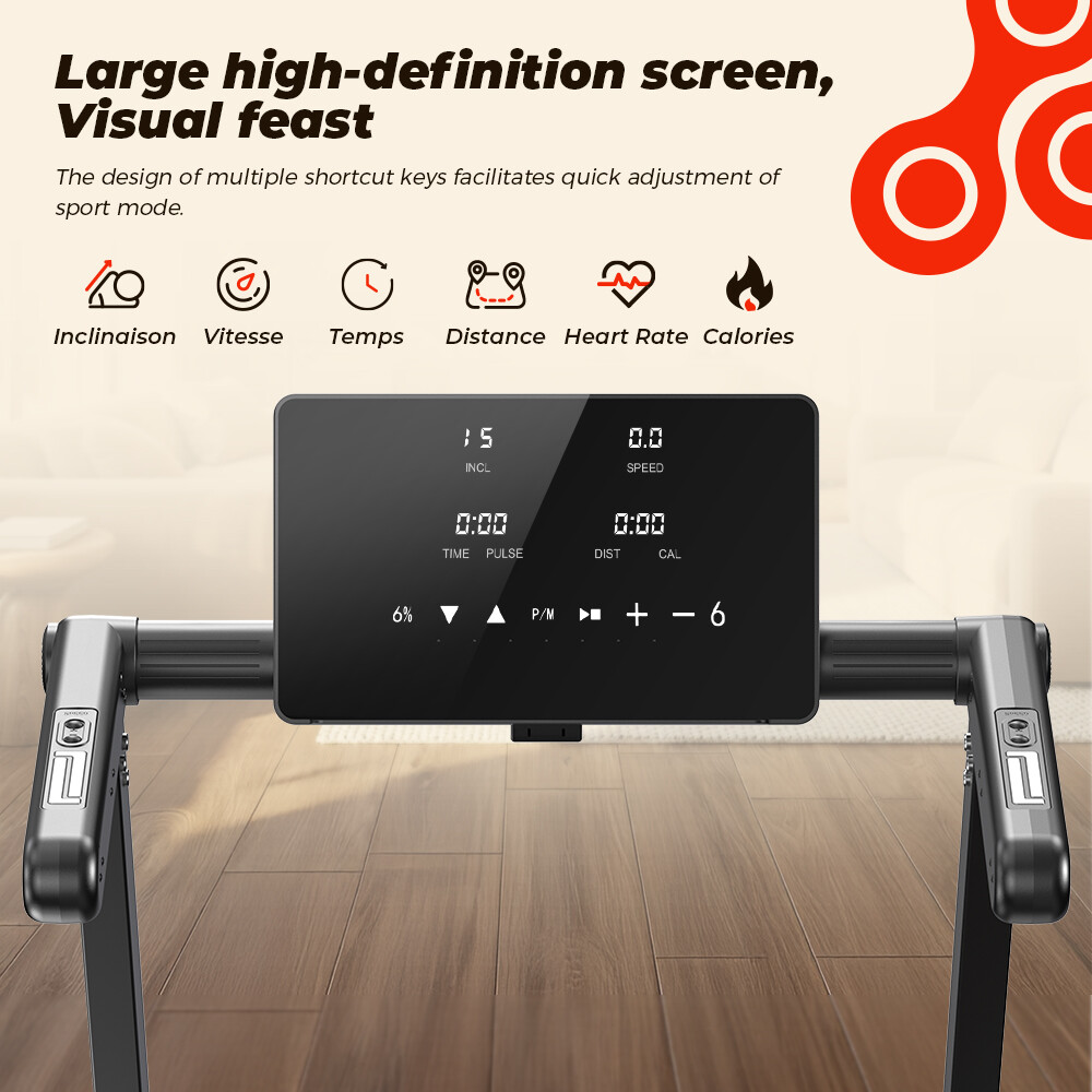Consola de cinta de correr con pantalla grande, teclas de acceso rápido y estadísticas.