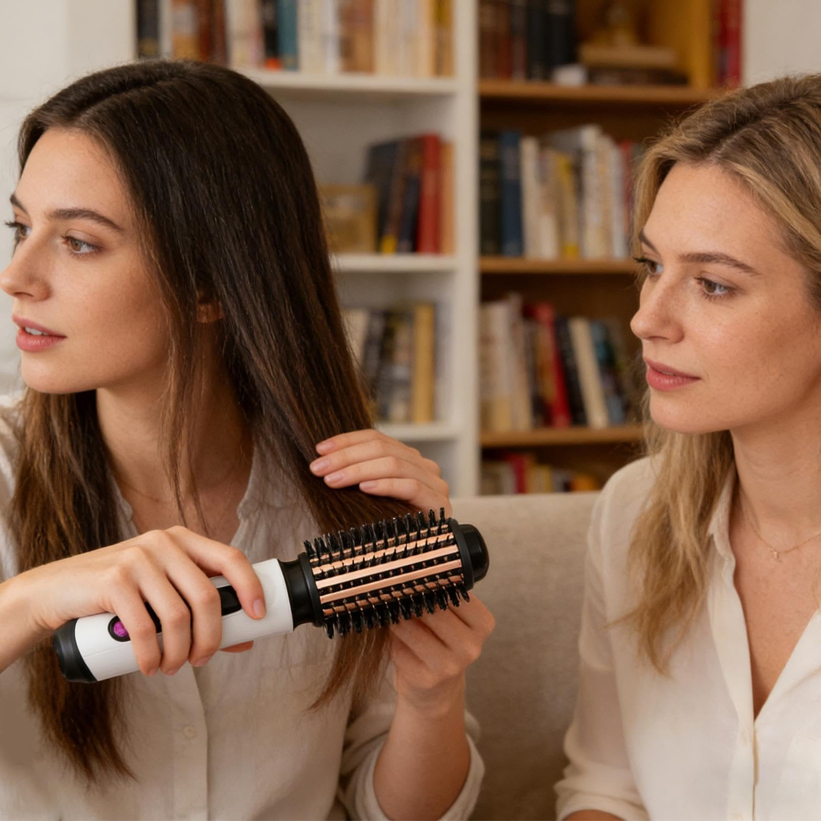 Zwei Frauen sitzen vor einem Bücherregal, während eine von ihnen ihr Haar mit einer elektrischen Haarbürste stylt.