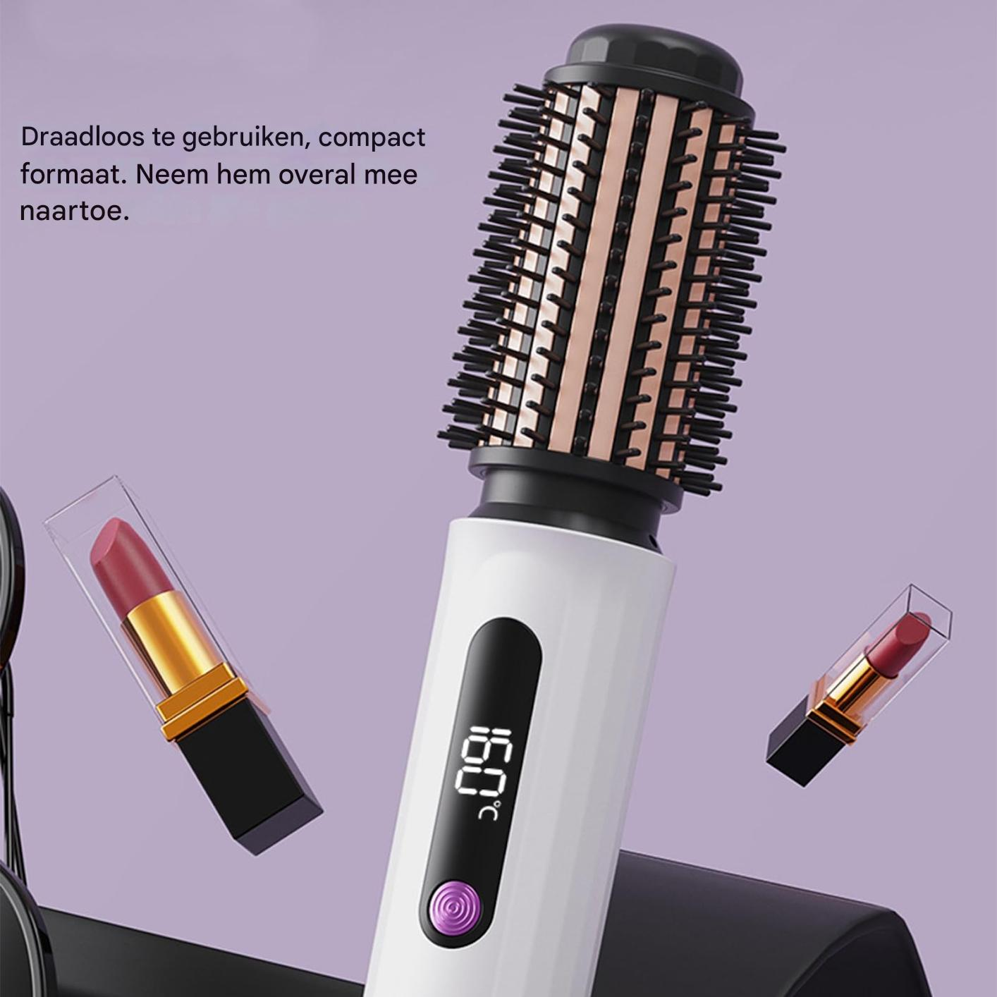 Eine kabellose Haarbürste in Weiß und Roségold mit digitaler Anzeige, umgeben von schwebenden Lippenstiften.