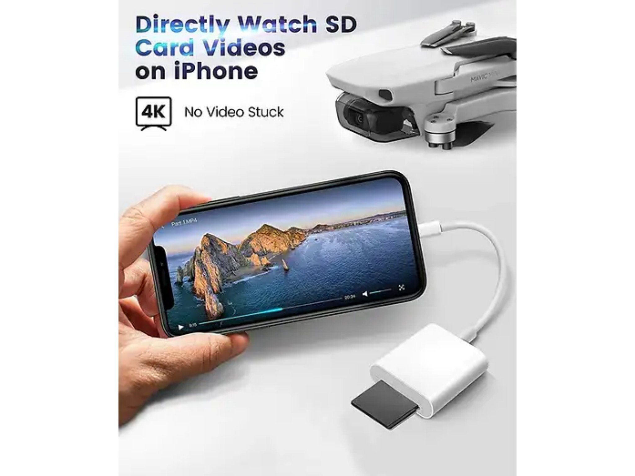 Ein iPhone ist über einen Adapter mit einer SD-Karte verbunden und zeigt ein Video mit einer Drohne im Hintergrund.
