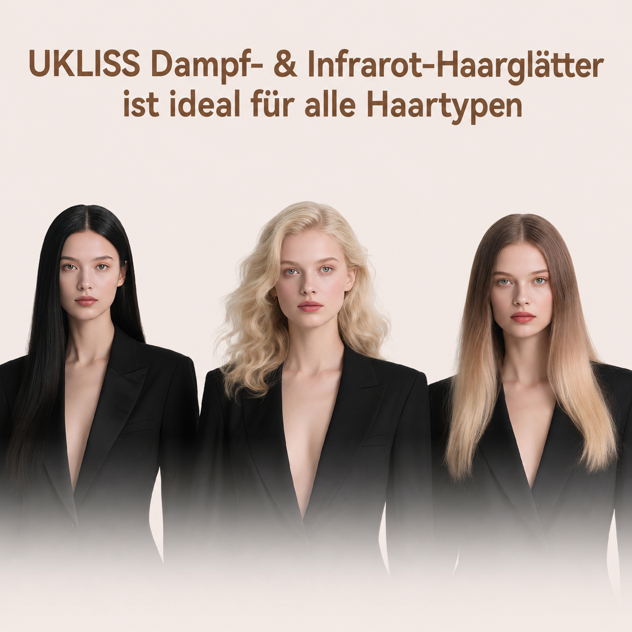 Drei Frauen mit unterschiedlichen Frisuren tragen schwarze Blazer vor einem hellen Hintergrund mit deutschem Werbetext.