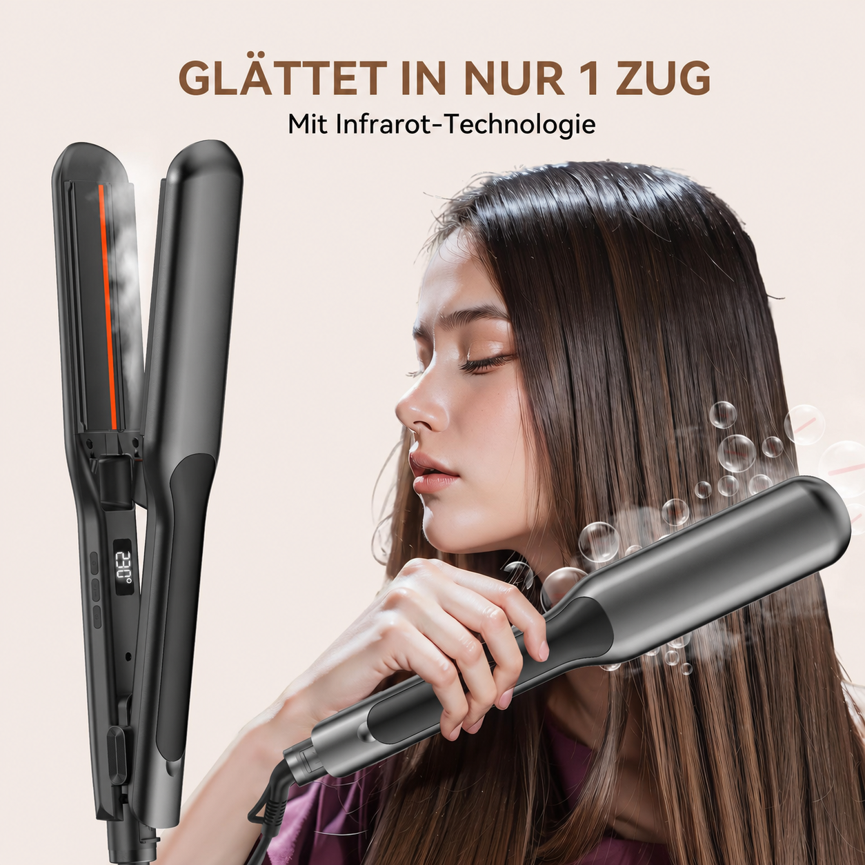 Eine Frau glättet ihr langes braunes Haar mit einem schwarzen Infrarot-Glätteisen mit Dampf.