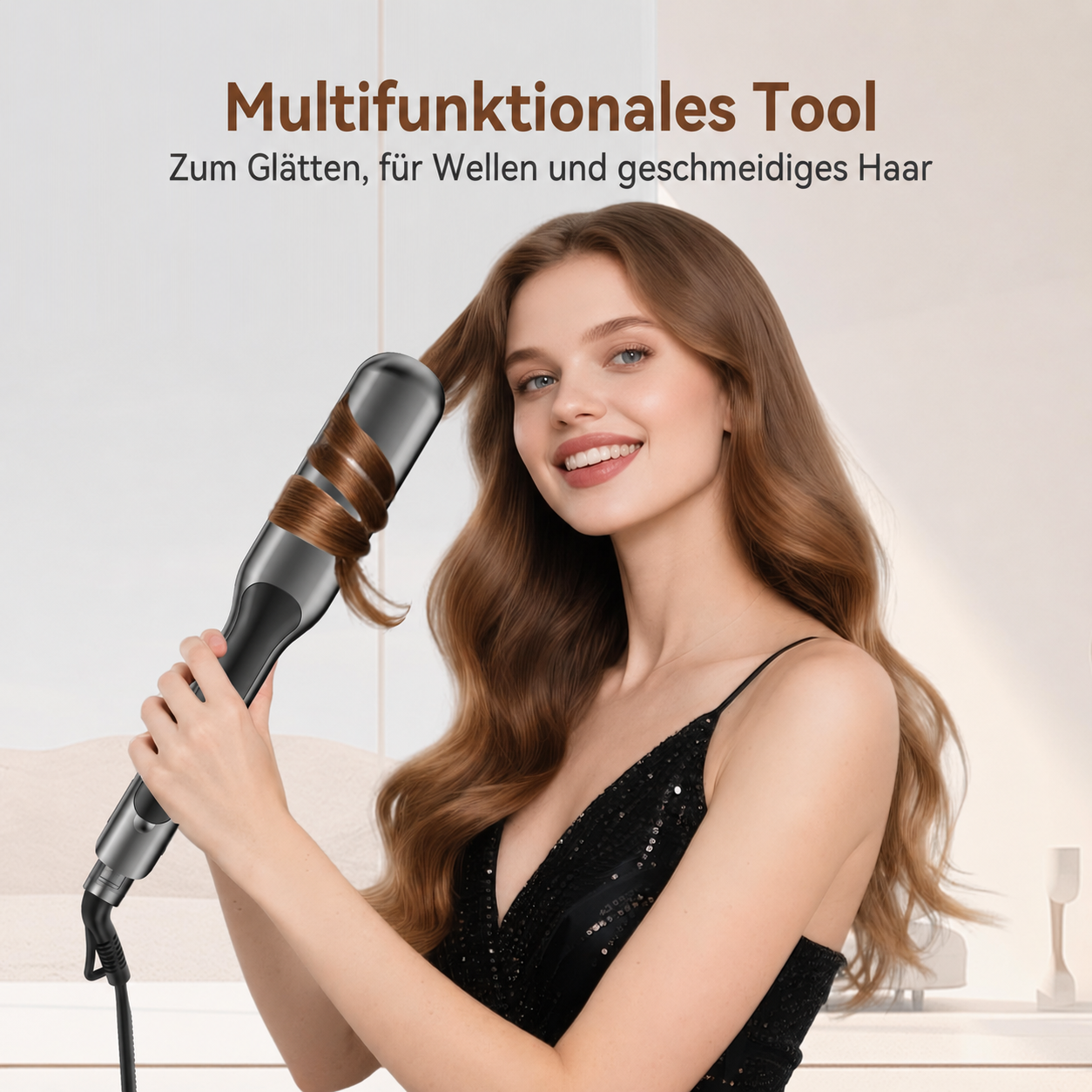 Eine lächelnde Frau wickelt eine braune Haarsträhne um ein graues Styling-Tool.