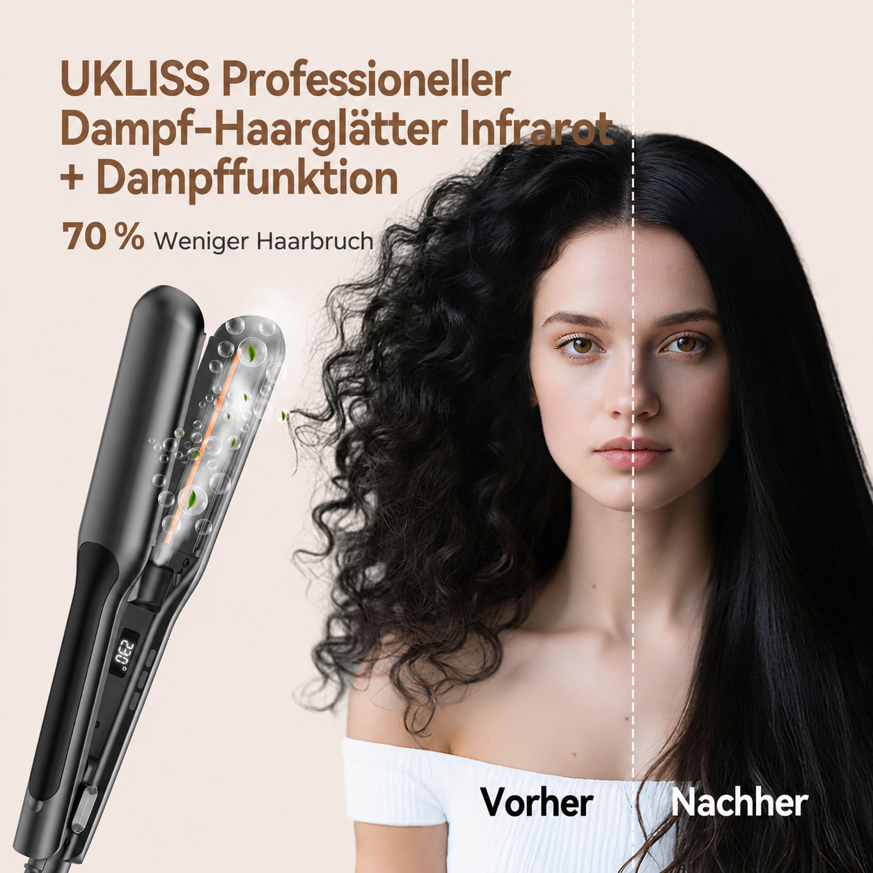 Vergleich von krausem Haar vorher und glattem Haar nachher mit einem Dampf-Haarglätter.