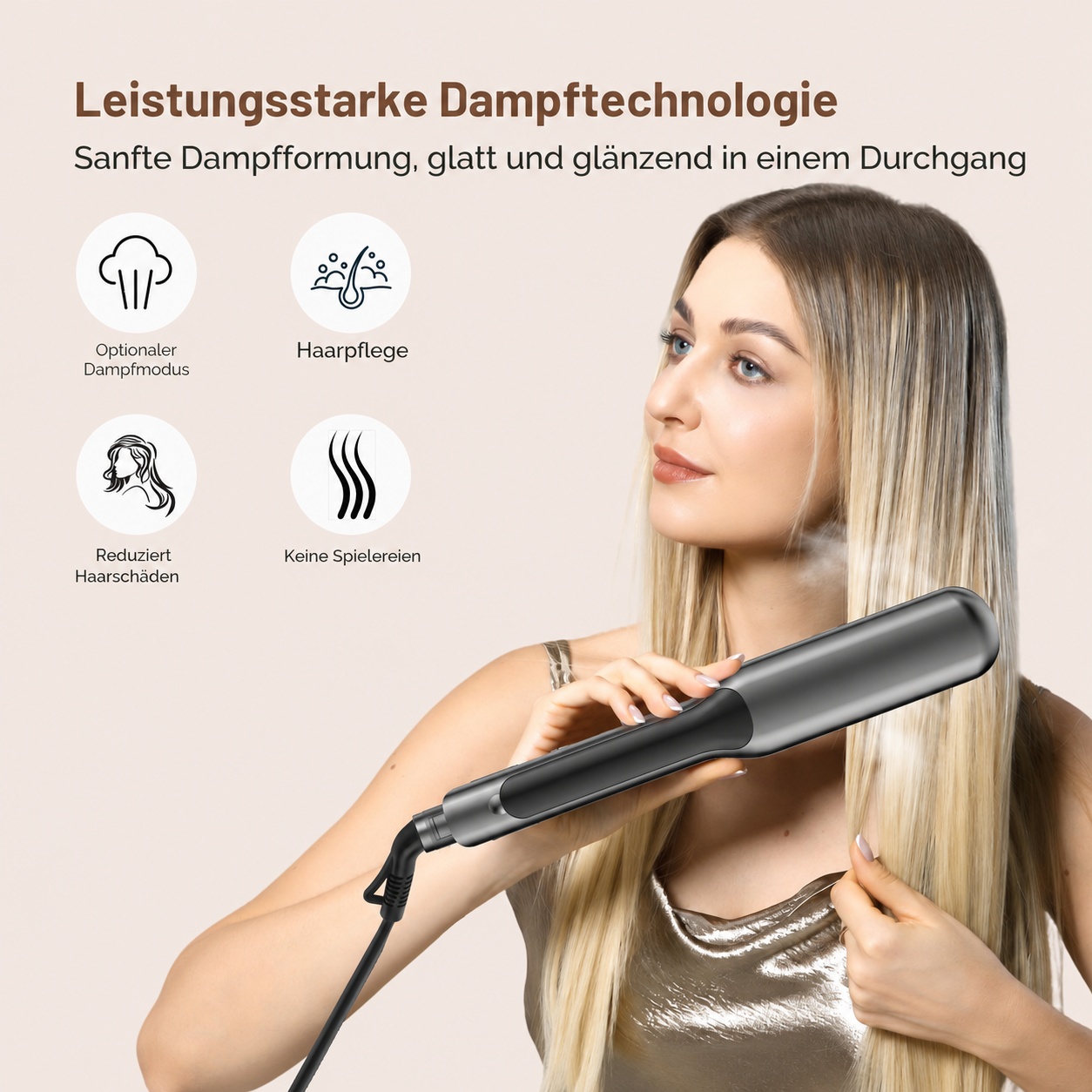 Eine Frau mit blondem Haar glättet ihr Haar mit einem Dampf-Haarglätter.