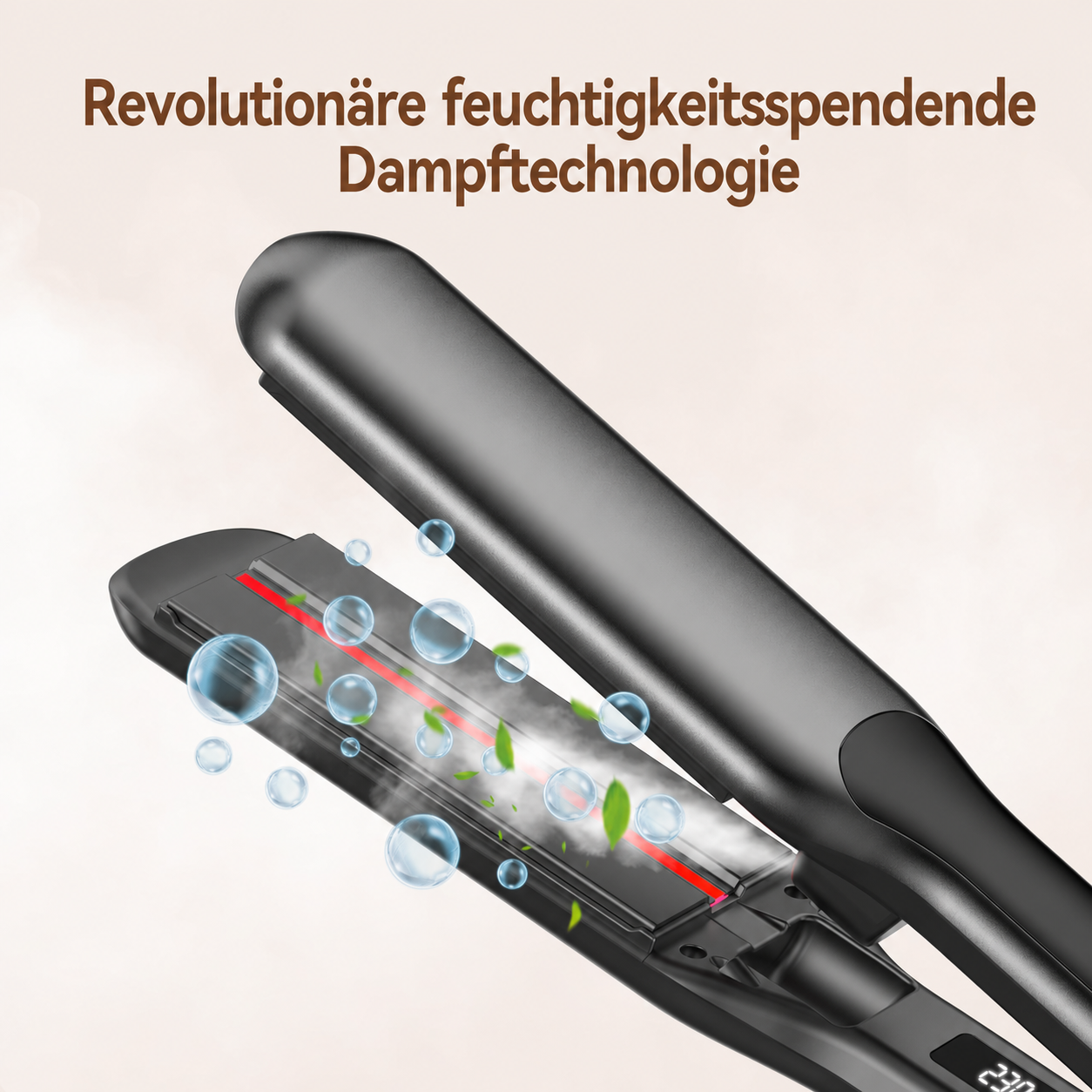 Schwarzes Glätteisen mit Dampf, Wassertropfen und grünen Blättern. Text lautet Revolutionäre feuchtigkeitsspendende Dampftechnologie.