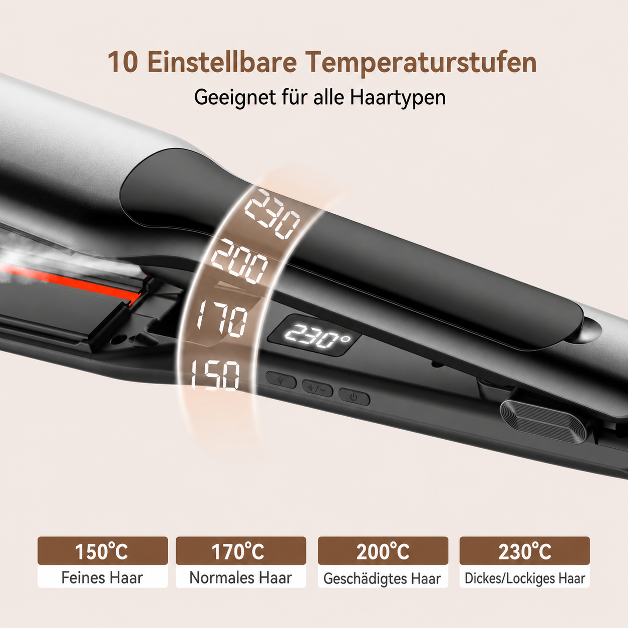 Glätteisen mit digitaler Temperaturanzeige und Text auf Deutsch.