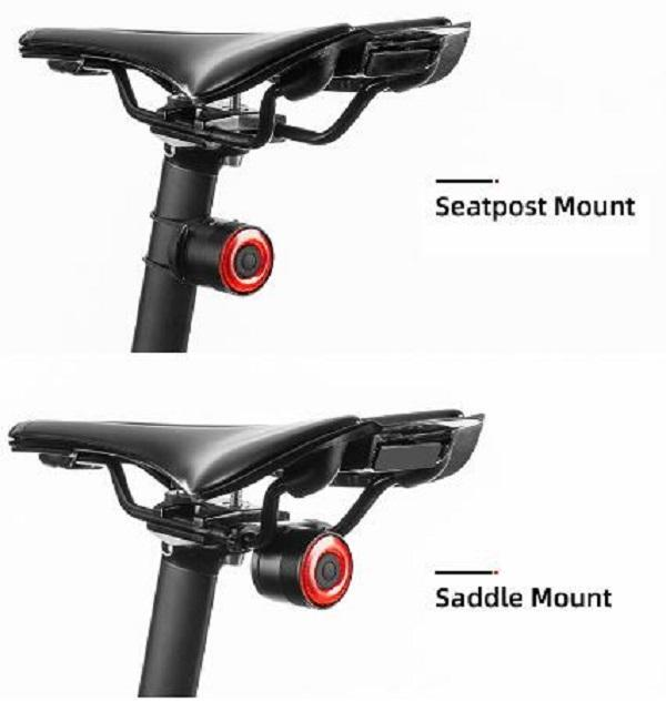 Deux vues d'un vélo avec un feu rouge monté sur la tige de selle et sur les rails de selle.