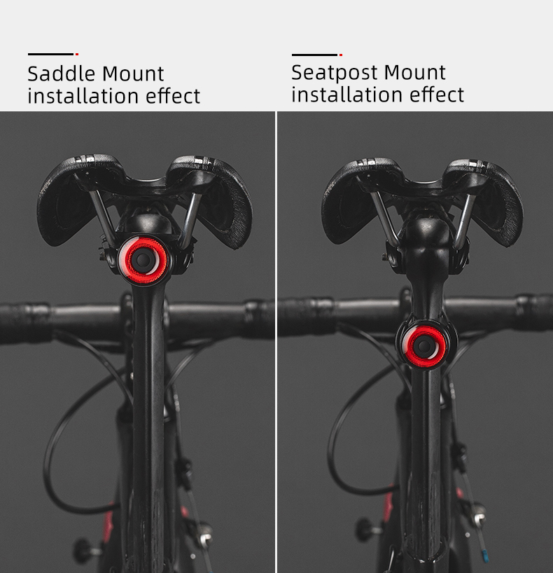 Comparaison de l'installation du feu arrière : fixation sur selle à gauche, sur tige de selle à droite.