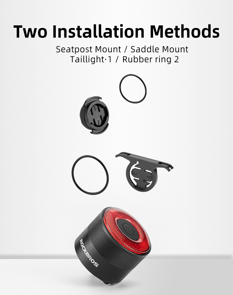 Le diagramme montre deux méthodes d'installation pour un feu arrière de vélo avec anneaux et supports.