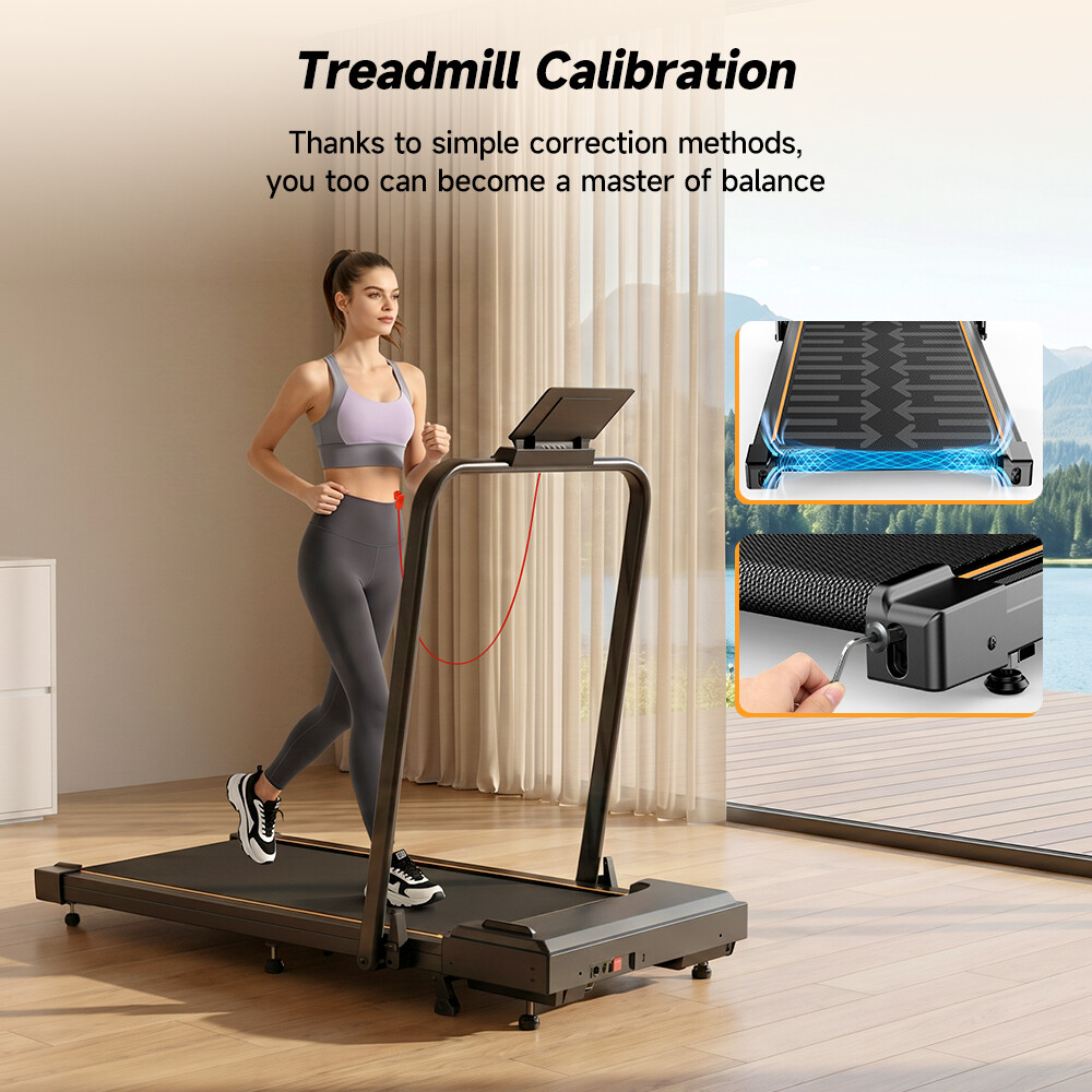 Una mujer corre en una caminadora en interiores, con imágenes insertadas que muestran la calibración.