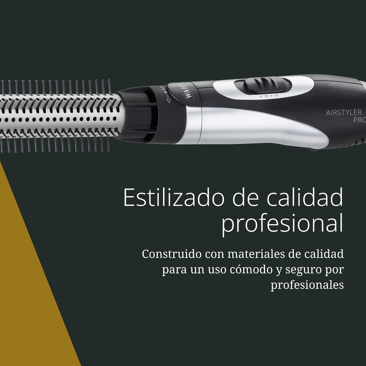 Wahl Airstyler Pro mit Metallbürste auf dunklem Hintergrund mit spanischem Text.