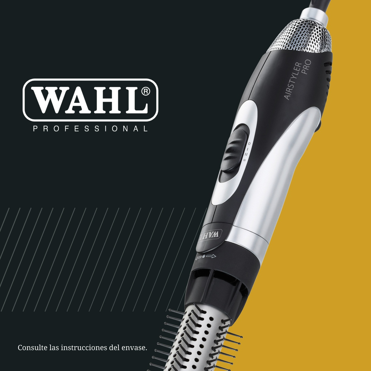 Wahl Professional Airstyler Pro Haartrockner vor schwarz-gelbem Hintergrund.