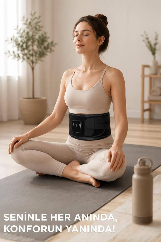 Spor kıyafetli bir kadın gözleri kapalı yoga matında oturuyor, belinde siyah bir korse takılı.