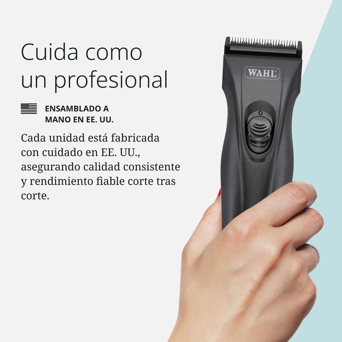 Mano sosteniendo una cortadora de cabello Wahl negra sobre fondo blanco con texto.