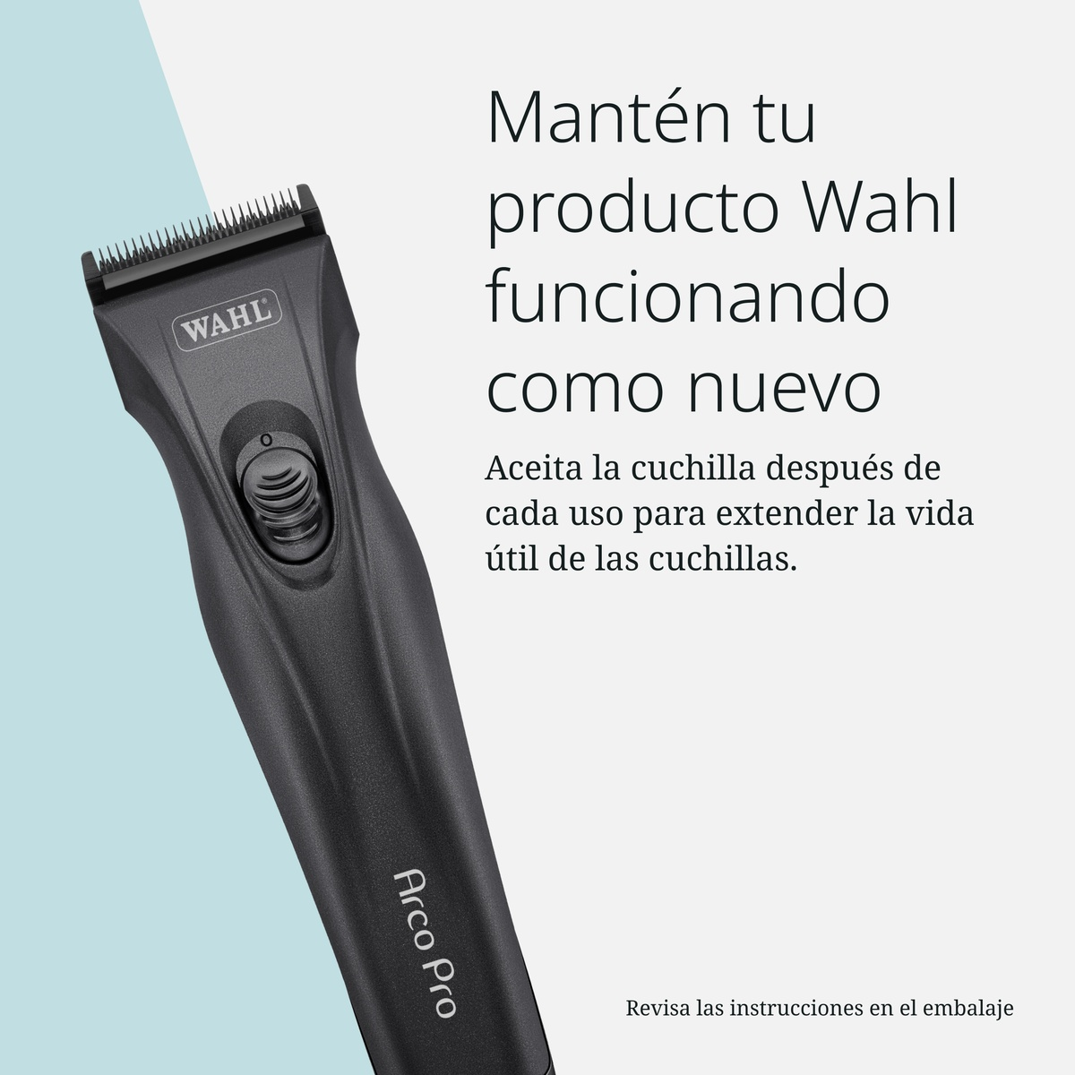 Cortapelos negro Wahl Arco Pro sobre fondo gris y azul claro con texto en español.