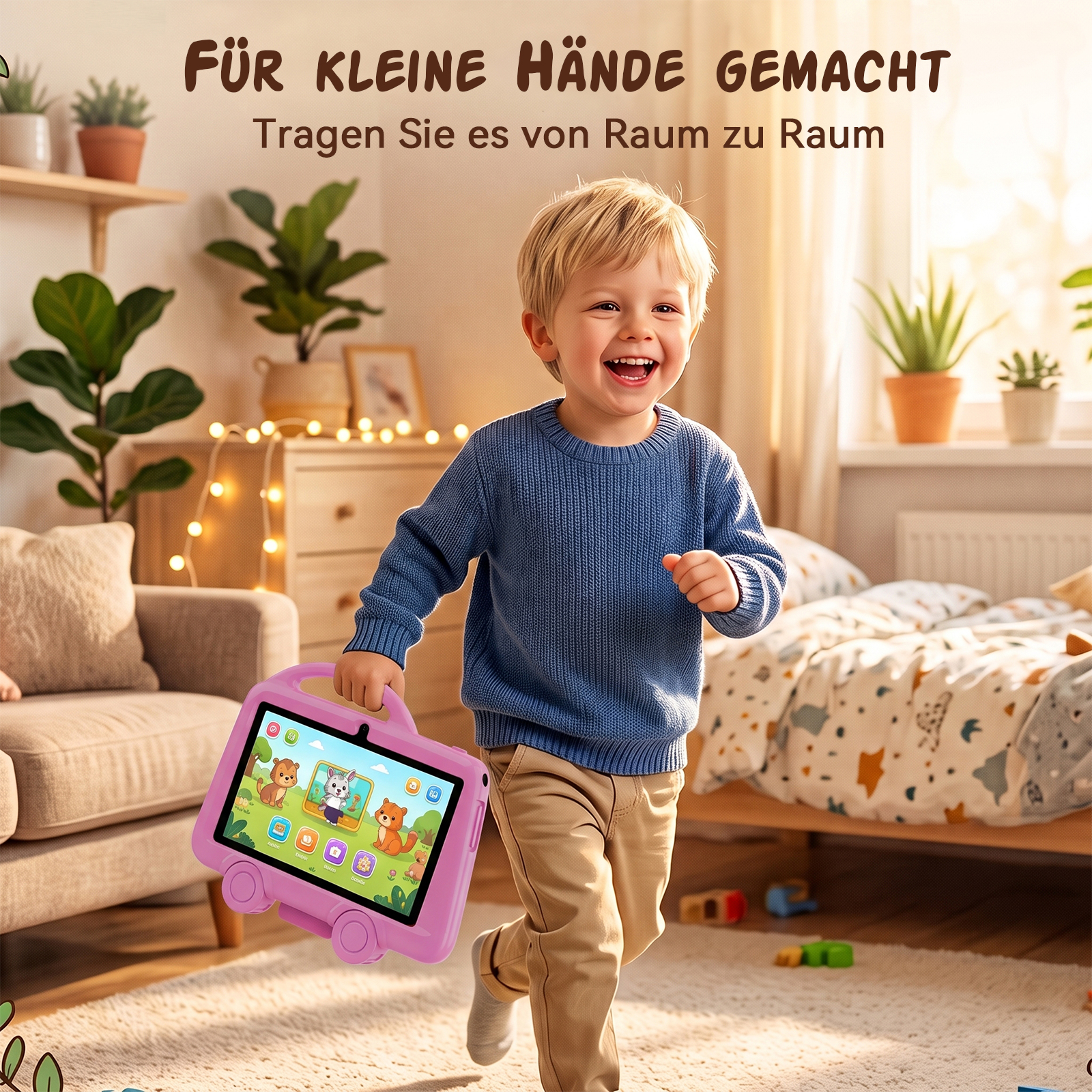Glücklicher Junge läuft im Zimmer und trägt ein rosa Kindertablet.