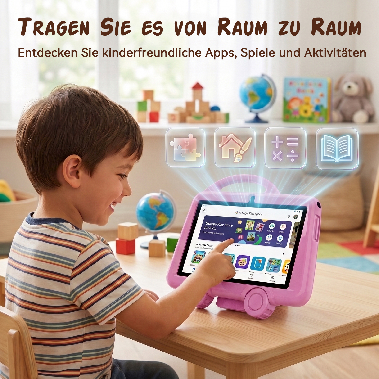 Ein Junge tippt auf einen rosafarbenen Kindertablet-Bildschirm, während projizierte Symbole schweben.