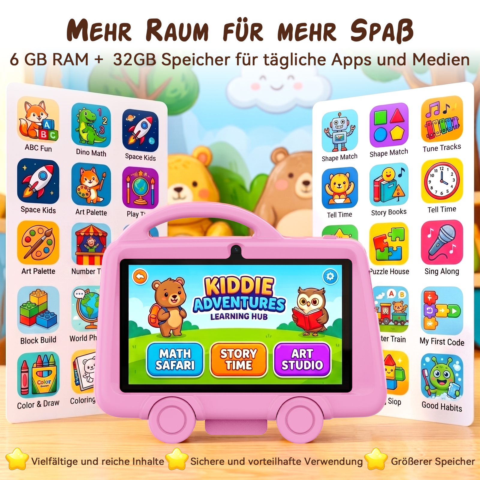 Ein rosafarbenes Kinder-Tablet mit Lern-Apps steht vor bunten Lernkarten und Bärenmotiven.