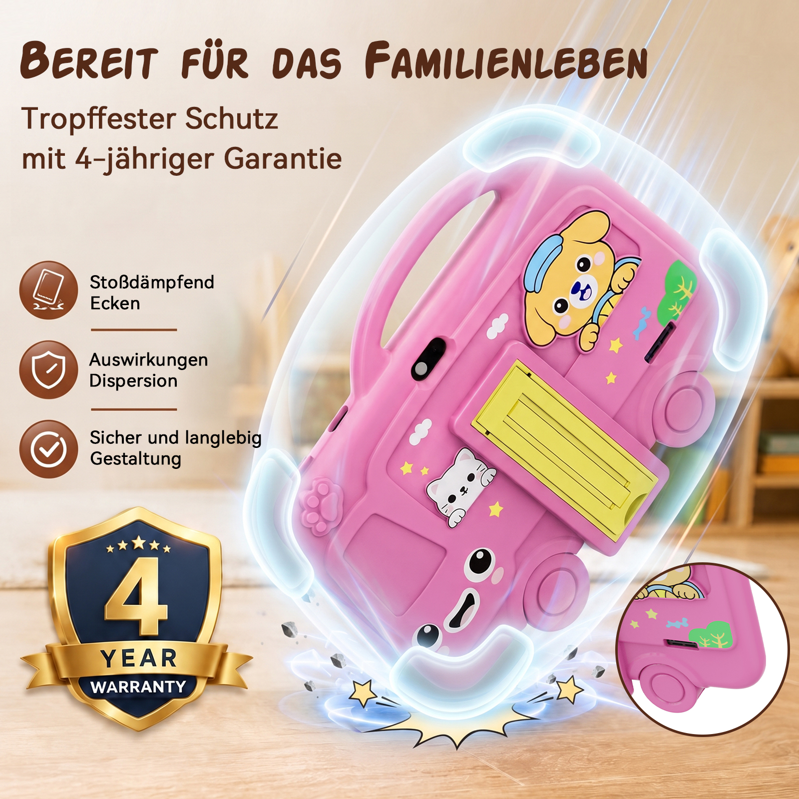 Rosa stoßfeste Kinder-Tablet-Hülle mit Hundemotiv, Griff und 4-Jahres-Garantie.