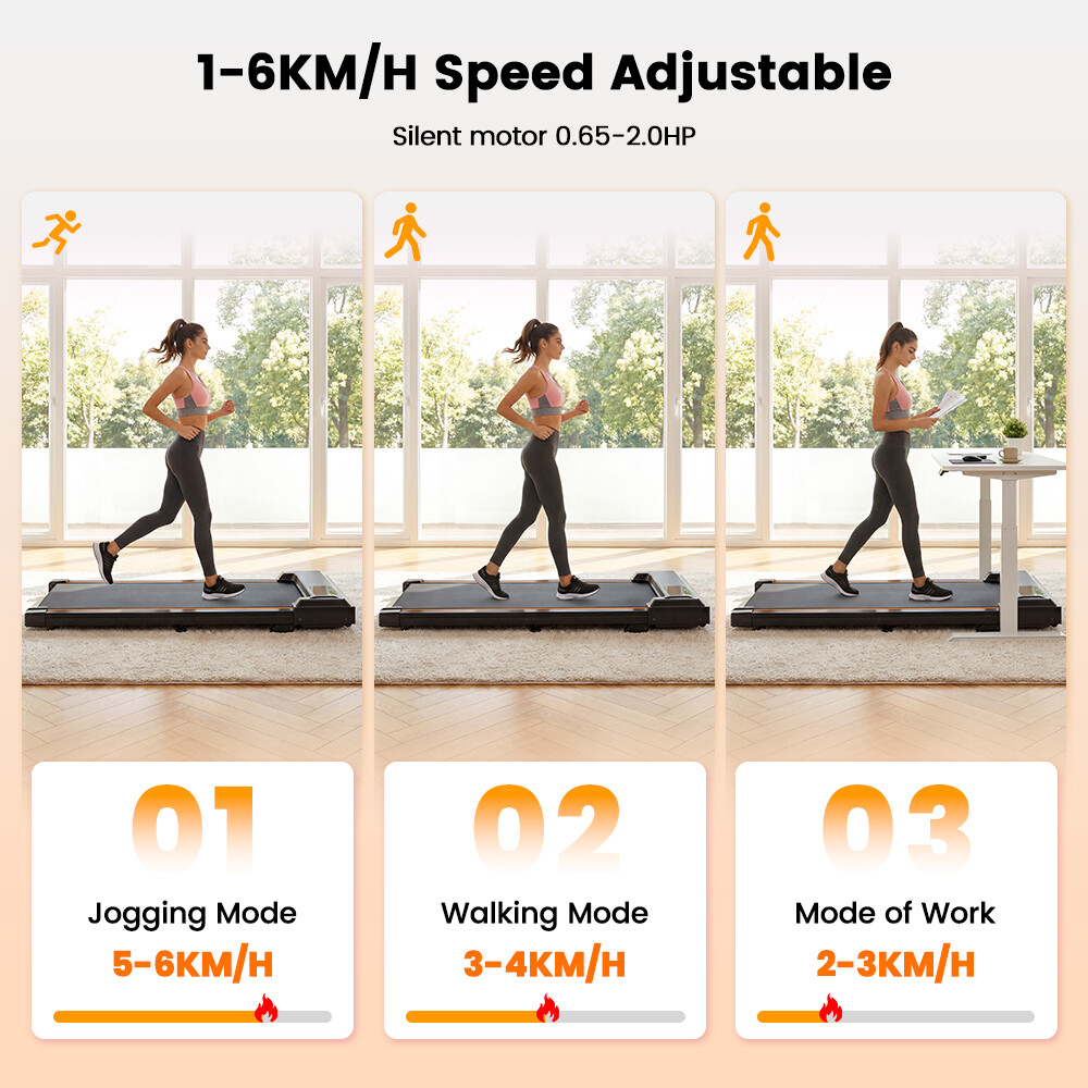 Una imagen muestra tres modos de cinta: correr, caminar y trabajar, con velocidades de 1 a 6 km/h.