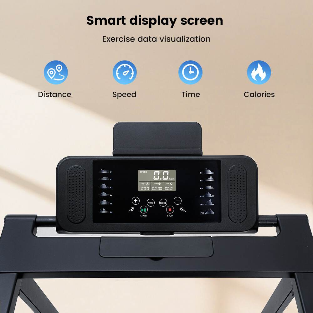 Pantalla inteligente de una consola de cinta con iconos de distancia, velocidad, tiempo y calorías.