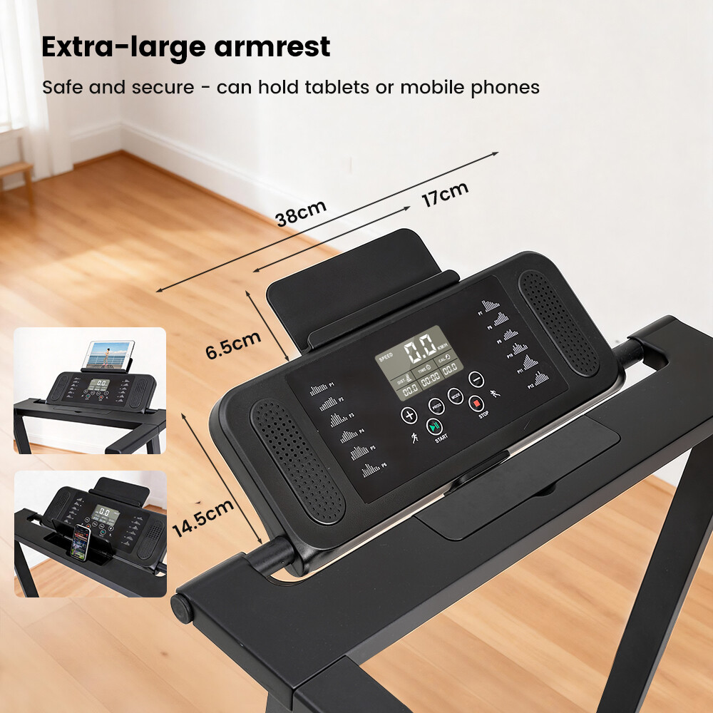 Consola de cinta de correr con medidas y dimensiones de reposabrazos.